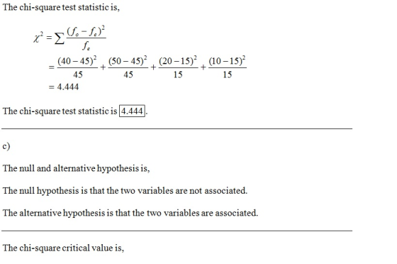 The chi-square test statisticis, χ =Σ (fo- f.)? fe (40 - 45)2 (50 – 45)(20-15)2 (10–15)? 15 15 = 4.444 + + + 45 45 The chi-sq