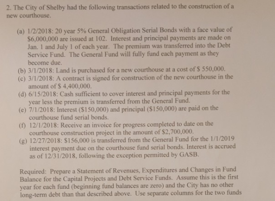 2. The City of Shelby had the following transactions related to the construction of a new courthouse. (a) 1/2/2018: 20 year 5