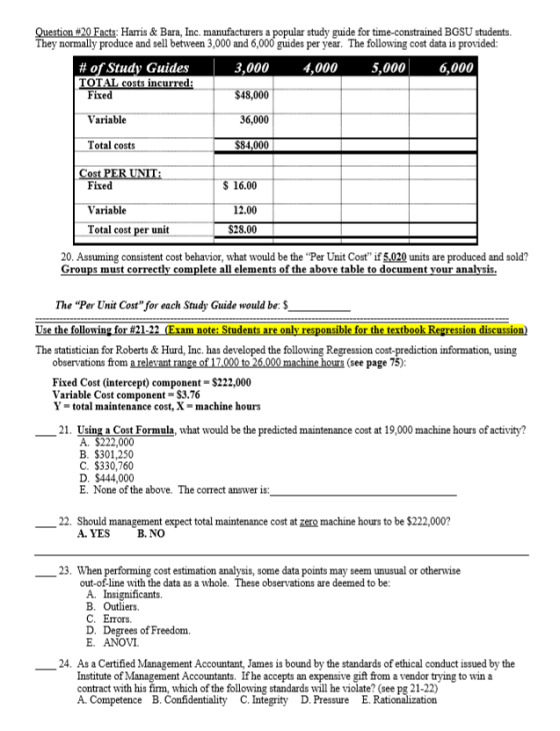 Question #20 Facts: Harris & Barn, Inc, manufacturers a popular study guide for time-constrained BGSU students They normally