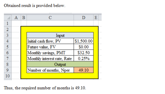 Obtained result is provided below. A B D E Input 4 Initial cash flow, PVS1.500.00 Future value, FV Monthly savings, PMT Month