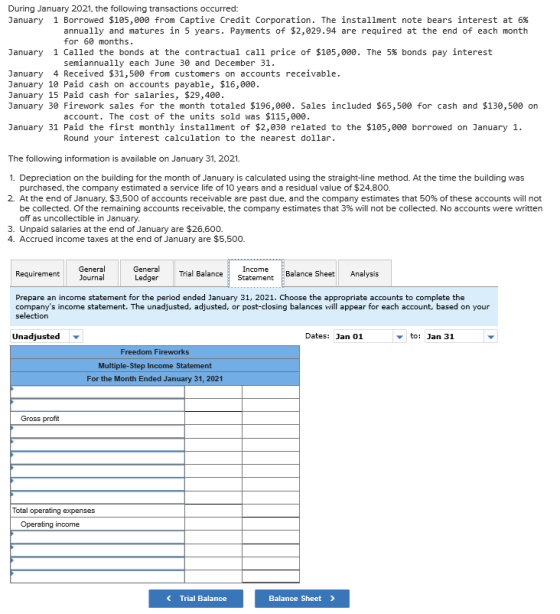During January 2021, the following transactions occurred: January 1 Borrowed $105,000 from Captive Credit Corporation. The in