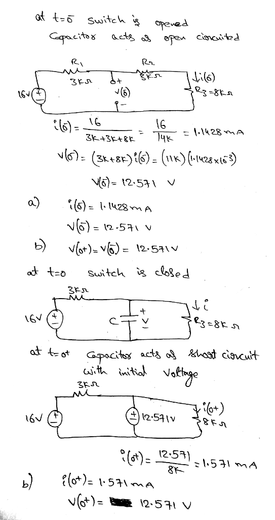 at t=δ Switch S opee ciecited fR 6 1.1428A V67-12:5 1 at t-o Suitch is eloge with initio V。 2.53) 2.51 V