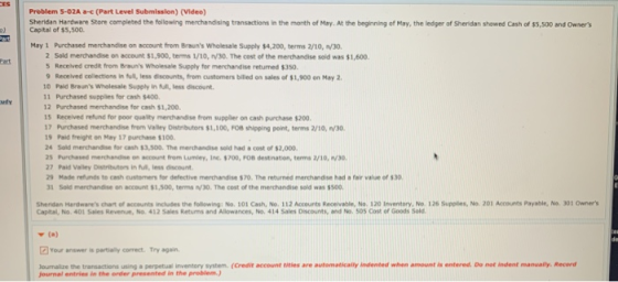 Problem 5-02A - (Part Level Submission) (Video) Sheridan Hardware Store completed the following merchandising transactions in