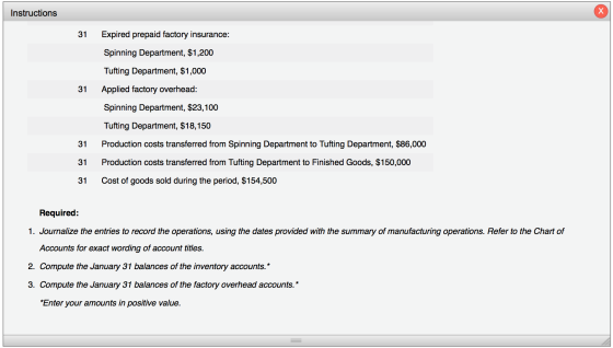 Instructions Expired prepaid factory insurance: 31 Spinning Department, $1,200 Tufting Department, $1,000 Applied factory ove