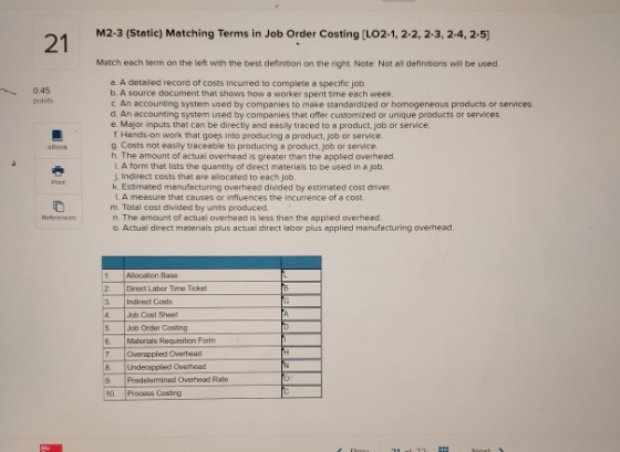 M2-3 (Static) Matching Terms in Job Order Costing (LO2-1, 2-2, 2-3, 2-4, 2-5) Match each term on the left with the best defin
