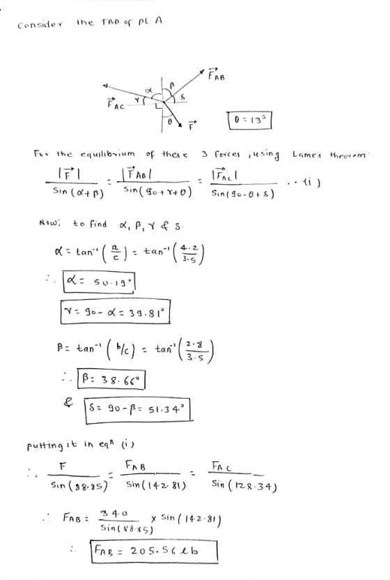 Conside the TAD of pL A A B AC Fu、 equ山b~ um of tha 3 fevcey ,using the Lame, the…m FAo ti Sin (op) S 019 3.S Putting it in eqn (i) Sin (38-s) Sin(142 81)Sin (l2«-34 34.0 sin(父8-85)