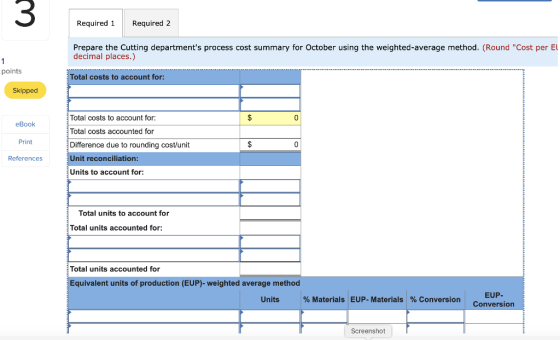 Required 1 Required 2 Prepare the Cutting departments process cost summary for October using the weighted average method. (R