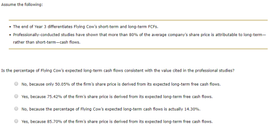Assume the following: • The end of Year 3 differentiates Flying Cows short-term and long-term FCFs. • Professionally-conduct