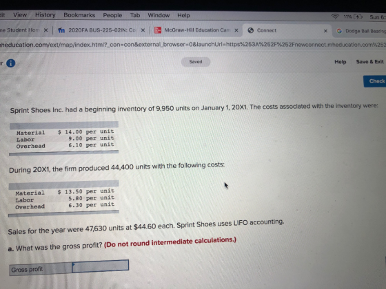Hit View History Bookmarks People Tab Window Help 11% [4] Sun 6: me Student Hom X m 2020FA BUS-225-02IN: Co X McGraw-Hill Edu
