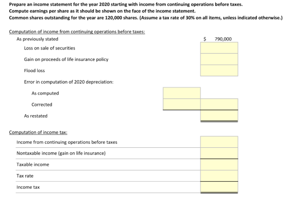 Prepare an income statement for the year 2020 starting with income from continuing operations before taxes. Compute earnings