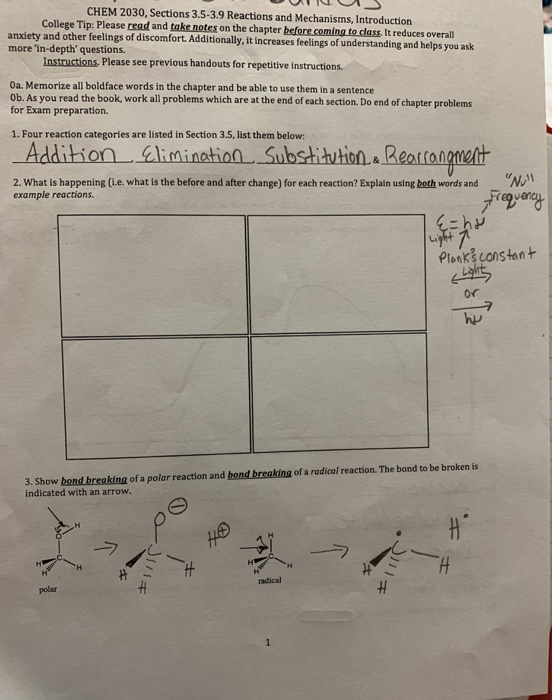 UUUU CHEM 2030, Sections 3.5-3.9 Reactions and Mechanisms, Introduction College Tip: Please read and take notes on the chapte