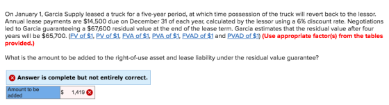 On January 1, Garcia Supply leased a truck for a five-year period, at which time possession of the truck will revert back to the lessor. Annual lease payments are $14,500 due on December 31 of each year, calculated by the lessor using a 6% discount rate. Negotatons led to Garcia guaranteeing a $67,600 residual value at the end of the lease term. Garcia estimates that the residual value after four years will be $65,700. (FV of $1, PV of $1, FVA of $1, PVA of $1, FVAD of $1 and PVAD of $1) (Use appropriate factor(s) from the tables provided.) What is the amount to be added to the right-of-use asset and lease liability under the residual value guarantee? O Answer is complete but not entirely correct. Amount to be added $ 1,419