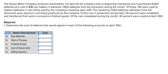 The Devon Motor Company produces automobiles. On April 1st the company had no beginning inventories and it purchased 8,000 ba