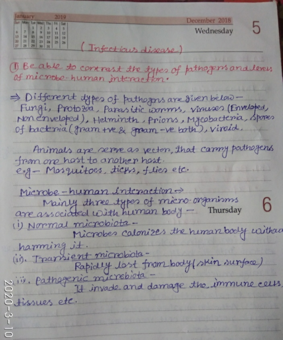 January 2019 December 2018 Wednesday (Infectious disease) G Be able to contrast the types of of microbe-human interaction. pa