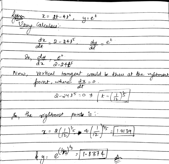 Using x= 2t-4t Calculsus: - Now, Vertical tangent would be there at the rightmast boint, where dx=0. 2-2425 =0 3 ta H & the r