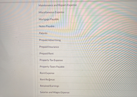 Maintenance and Repairs Expense Miscellaneous Expense Mortgage Payable Notes Payable Patents Prepaid Advertising Prepaid Insu