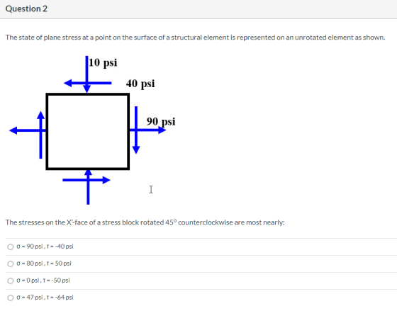 Question 2 The state of plane stress at a point on the surface of a structural element is represented on an unrotated element