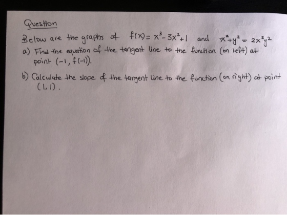 Question Below are the graphs of f(x)= x²-3x²+1 and x² + y² = 2x²y2 a) Find the equation of the tangent line to the function