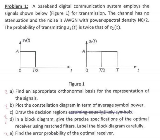 Problem 1: A baseband digital communication system employs the signals shown below (Figure 1) for transmission. The channel h