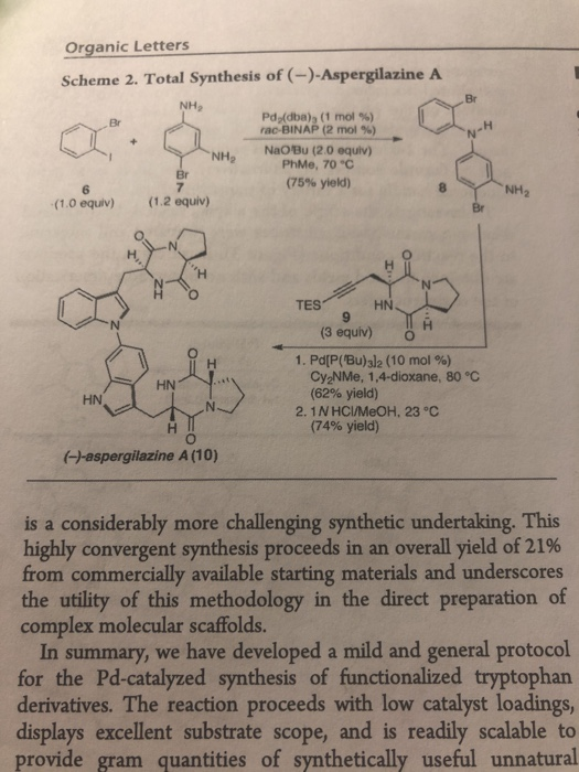 Organic Letters Scheme 2. Total Synthesis of (---)-Aspergilazine A YNH Pd. (dba) (1 mol %) rac-BINAP (2 mol %) NaOBU (2.0 equ