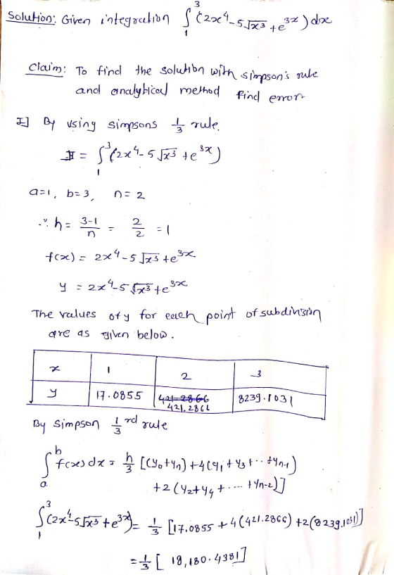 3 Solution! Given integration $ (2324-5Jx? 32 ) dre te Claim: To find the solution with simpsons rule and analytical method