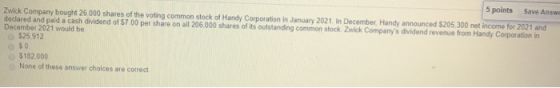 5 points Save Answ Zwick Company bought 26.000 shares of the voting common stock of Handy Corporation in January 2021 In Dece