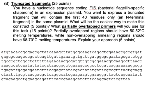 (B) Truncated fragments (25 points) You have a nucleotide sequence coding Flis (bacterial flagellin-specific chaperone) in an