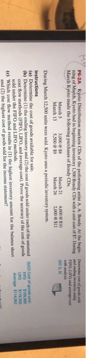 P6-2A Kyoto Distribution markets CDs of the performing artist A. A. Bondy. At the begin. Determine cost of goods sold ning of