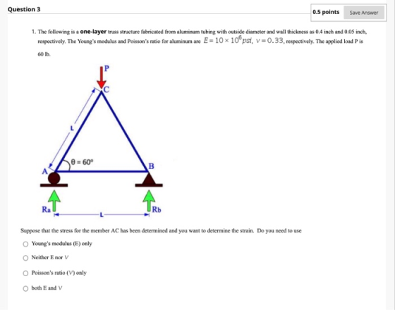 Question 3 0.5 points Save Answer 1. The following is a one-layer truss structure fabricated from aluminum tubing with outsid