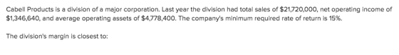 Cabell Products is a division of a major corporation. Last year the division had total sales of $21,720,000, net operating in