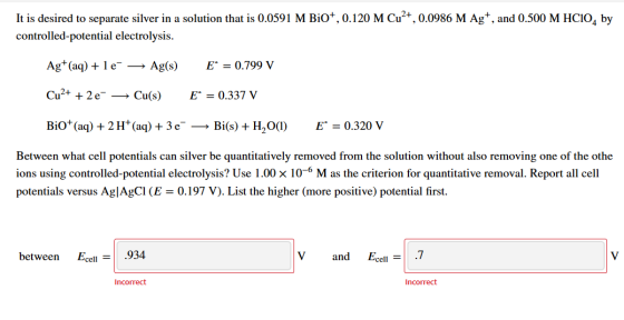 It is desired to separate silver in a solution that is 0.0591 M Bi0+, 0.120 M Cu2+, 0.0986 M Ag+, and 0.500 M HC10, by contro