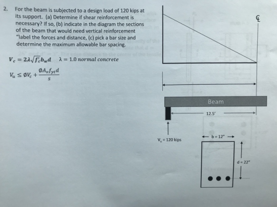 2. For the beam is subjected to a design load of 120 kips at its support. (a) Determine if shear reinforcement is necessary?