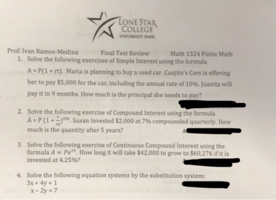 LONE STAR COLLEGE UNIVERSETY PARK Prof. Ivan Ramos-Medina Final Test Review Math 1324 Finite Math Solve the following exercis