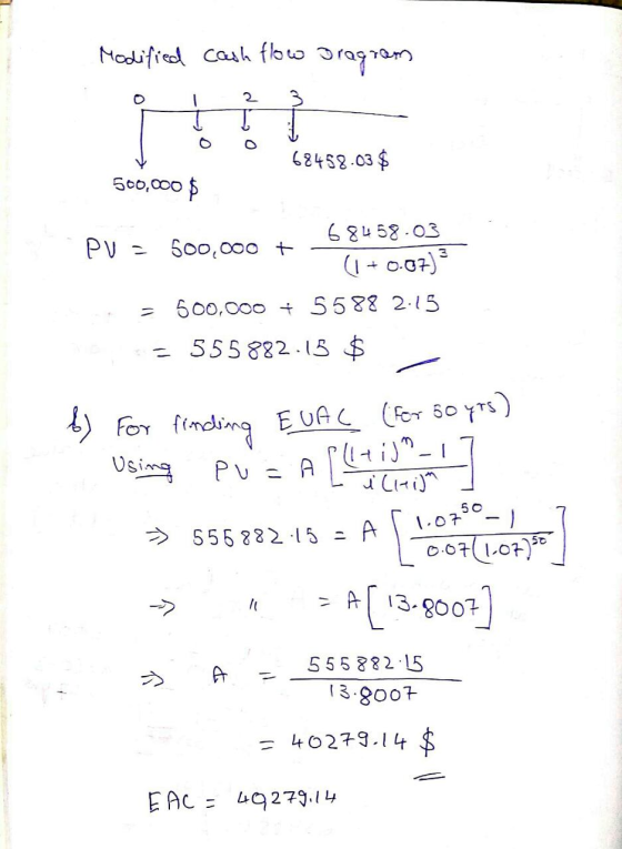 Madified cauh fouo 2 68452.03$ 600,000 684 58 03 PV- So0,000 t 1073 600,000 5588 2.15 - 555882.15 $ FOr fimding EUAC (For 50