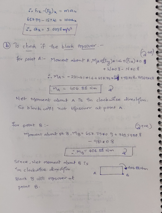 o Fre -(F) k=mae. 657.79 – 157.41 = 1000x oo ax= 5.0038 m/s2 6 To check if o for point A the block tipsover. - 6 tve) Moment