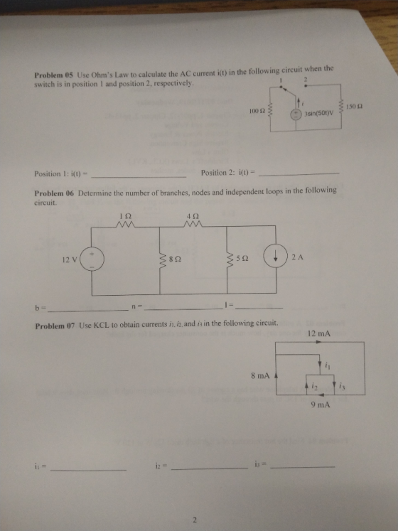 Problem 05 Use Ohms Law to calculate the AC current i(t) in the following circuit when the switch is in position 1 and posit