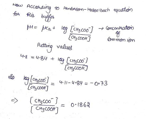 Now According to Henderson- Hasselbach equation for this buffer pH= pkat 109 [CH3600-7 → Concentraton . [CH3 cook ] Commonion