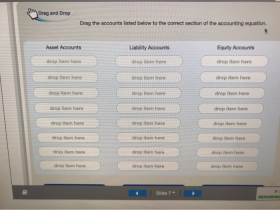 in Drag and Drop Drag the accounts listed below to the correct section of the accounting equation. Asset Accounts Liability A
