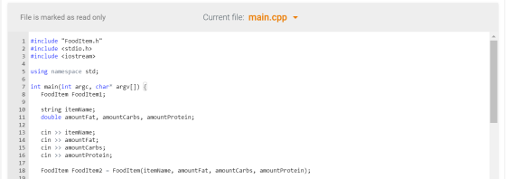 File is marked as read only Current file: main.cpp 1 #include FoodItem.h 2 #include <stdio.h> 3 #include <iostream> 4 5 usi