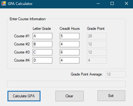 BP GPA Calculator - O X Enter Course Information Creadit Hours Grade Point 20 Letter Grade Course #1 A Course #2 B Course #3