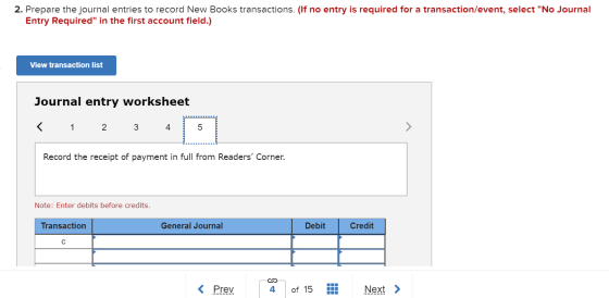 2. Prepare the journal entries to record New Books transactions. (If no entry is required for a transaction/event, select No