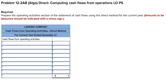 Problem 12-2AB (Algo) Direct: Computing cash flows from operations LO P5 Required: Prepare the operating activities section o