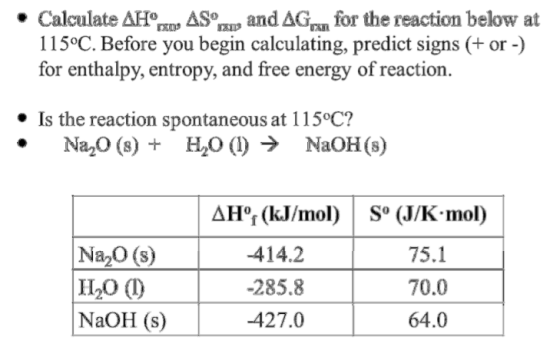 • Calculate AHK AS and AG for the reaction below at 115°C. Before you begin calculating, predict signs (+ or -) for enthalpy,