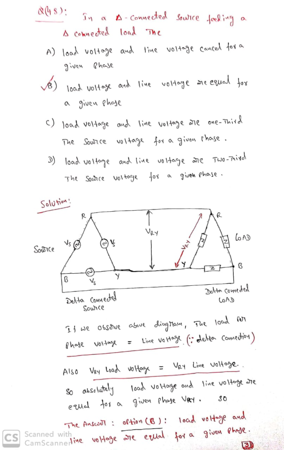 &(48): In a - connected source feeding a - A connected load The A load voltage and line voltage cancel for a given phase VB)