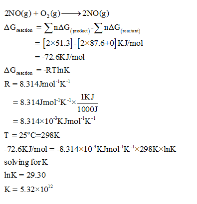 2NO(g) +O2(g)>2NO(g) [2x513]-[2x87.6+0KJ/mol --72.6KJ/mol reactionRTlnK 8.3 14Jmor1K4x 1000J 8.314x10 KJmolK T-25°C=298K 72.6