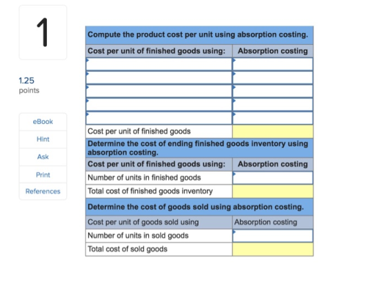 Compute the product cost per unit using absorption costing. Cost per unit of finished goods using: Absorption costing 1.25 po