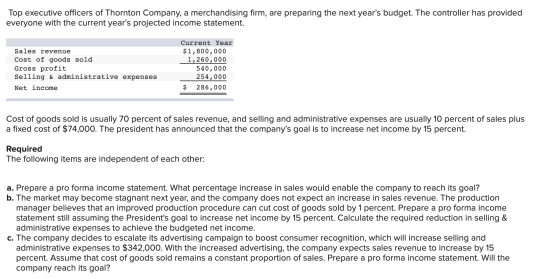Top executive officers of Thornton Company, a merchandising firm, are preparing the next years budget. The controller has pr