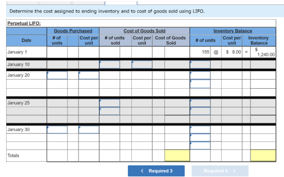 Determine the cost assigned to ending inventory and to cost of goods sold using LIFO. Perpetual LIFO: Goods Purchased # of Co