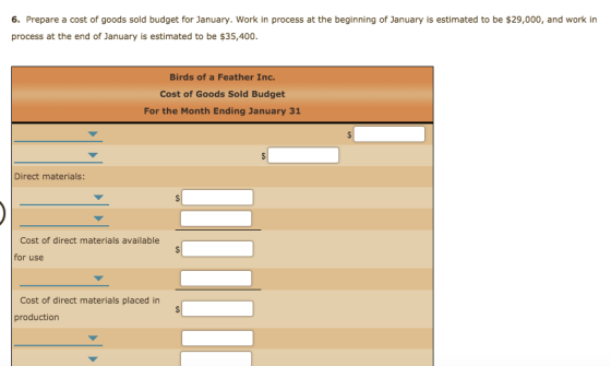 6. Prepare a cost of goods sold budget for January. Work in process at the beginning of January is estimated to be $29,000, a