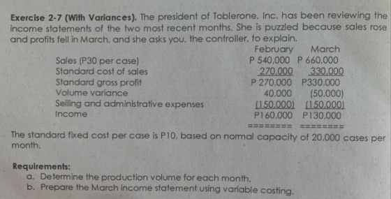 Exercise 2-7 (With Variances). The president of Toblerone, Inc. has been reviewing the income statements of the two most rece